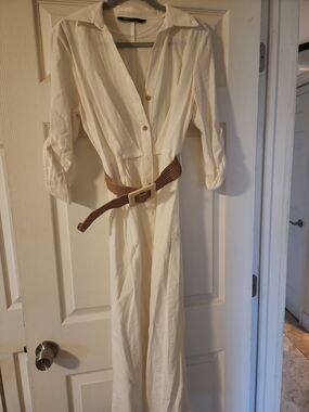 Zara Cream Maxi Shirt Dress with Brown Woven Belt
